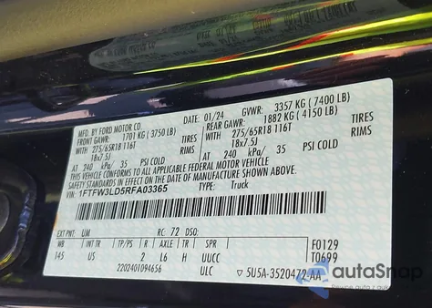 2024 Ford F150 Xlt из США, поврежденный, VIN 1FTFW3LD5RFA03365